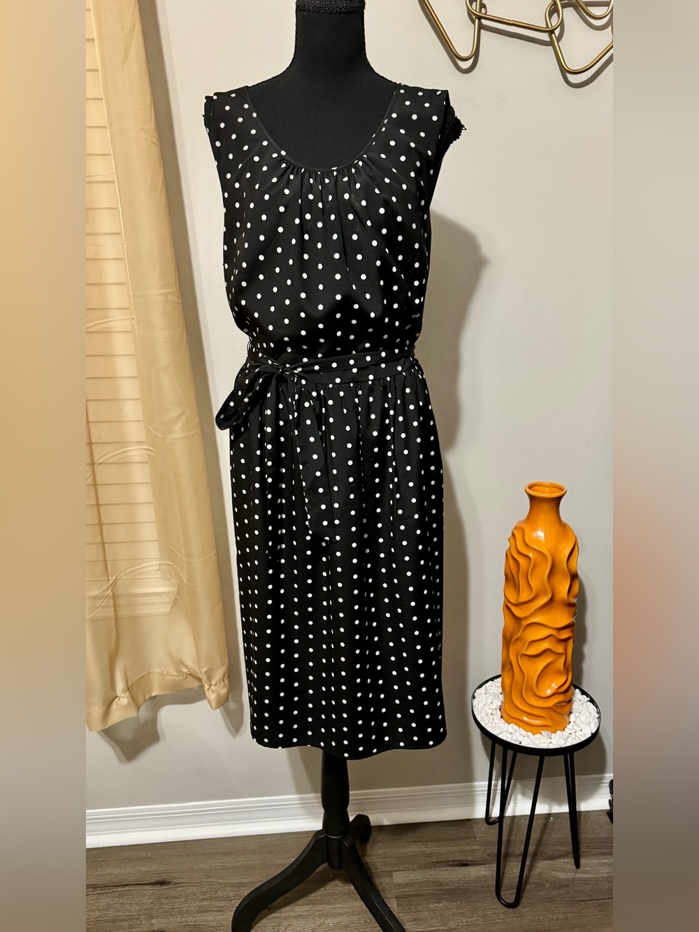 Talbots Black & White Polka Dot Sleeveless Tie-Waist Midi Dress